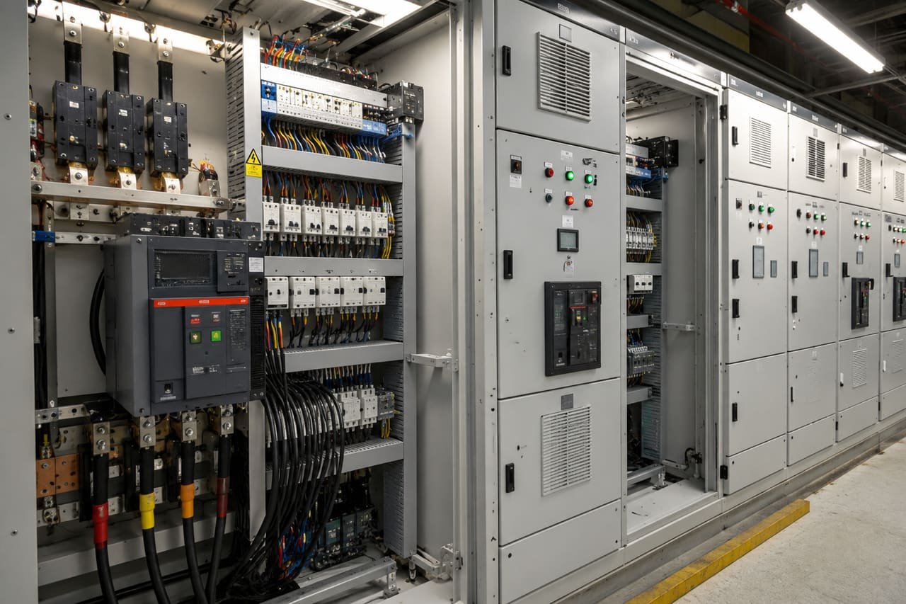 Ingeniero de JCM inspeccionando un tablero de distribución industrial con interruptores de 600 A