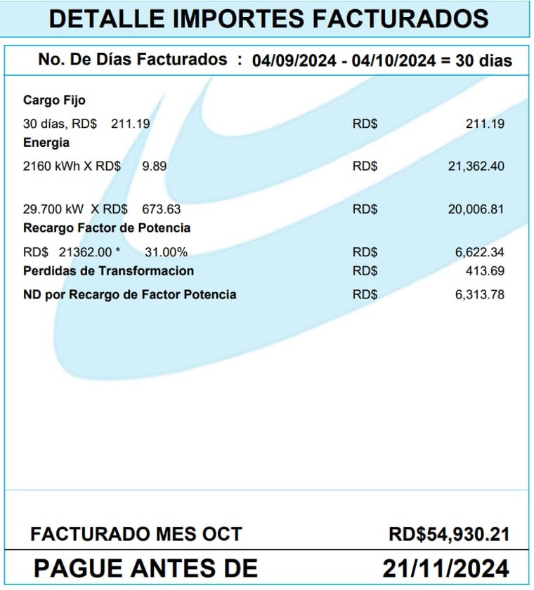 Factura antes de la corrección, con recargo por factor de potencia