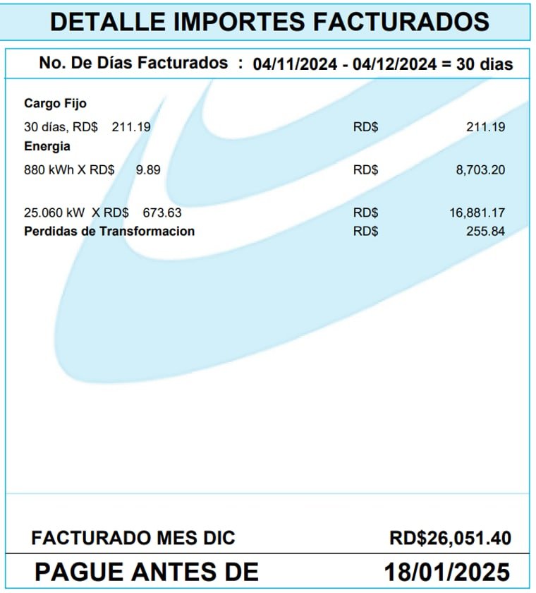 Factura después de la corrección, sin recargo por factor de potencia