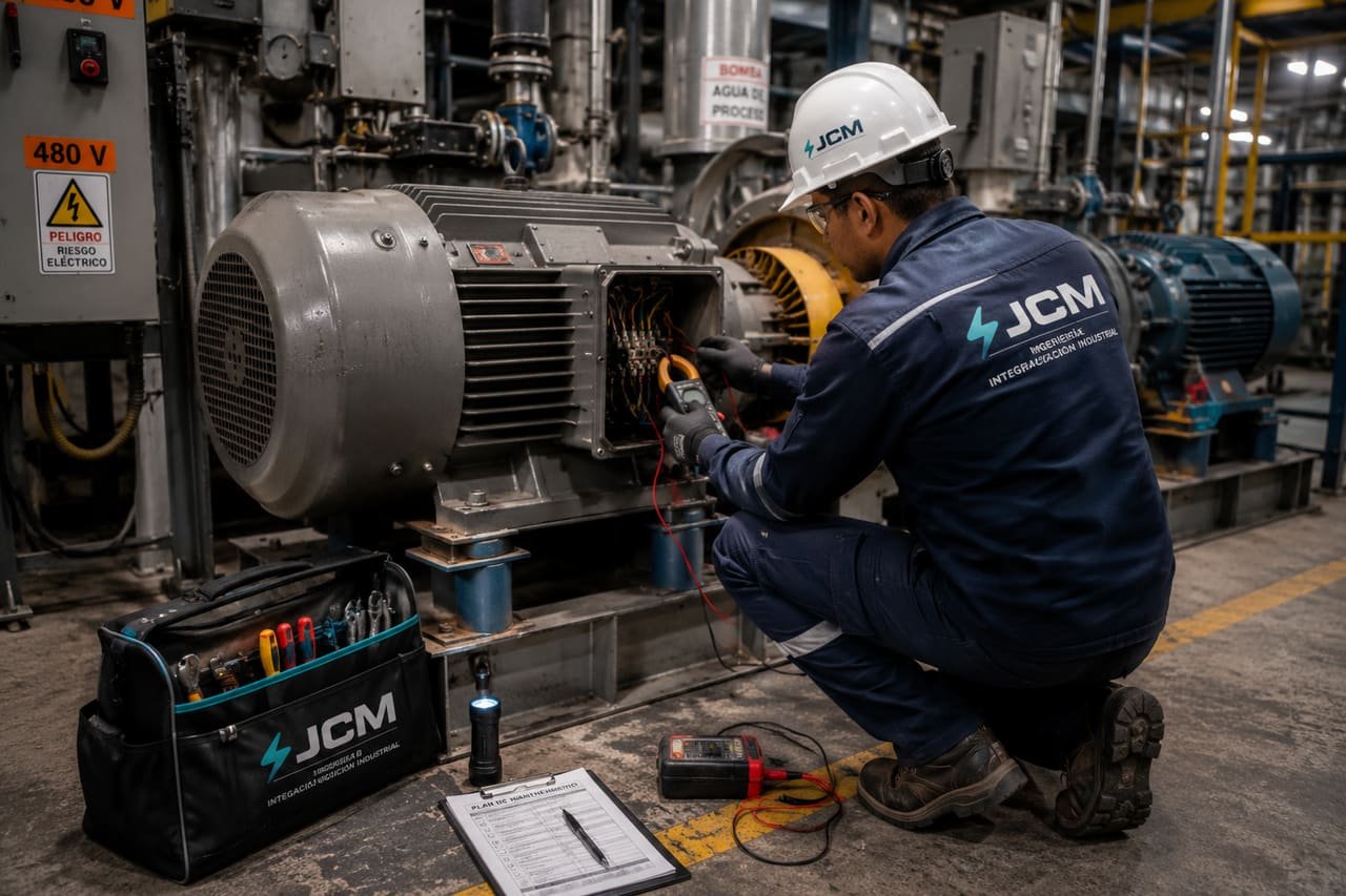 Técnico de JCM realizando mantenimiento a un motor industrial